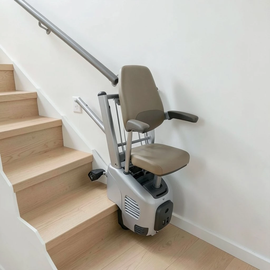 Compact stairlift with the seat folded away on a narrow staircase