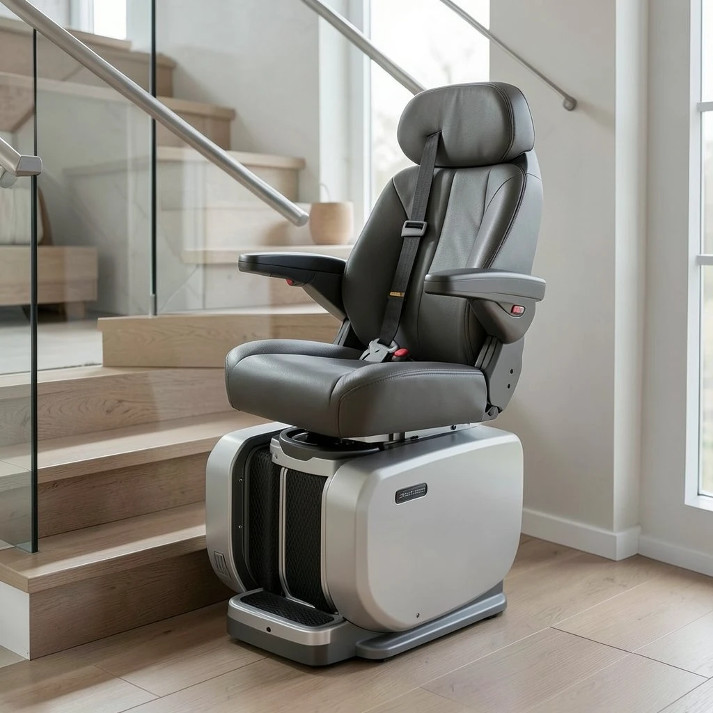 A wide cushioned stairlift seat beside a glass balustrade