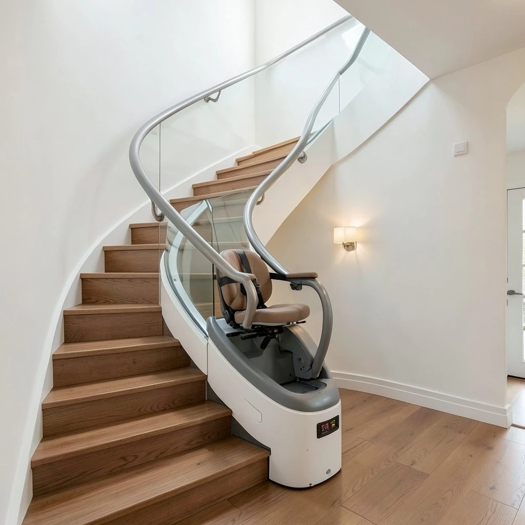 A curved stairlift following a turning wooden staircase