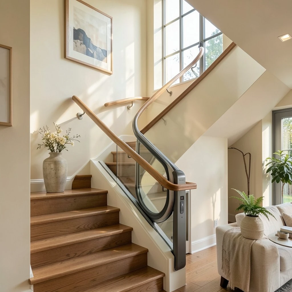 Curved stairlift following a wooden staircase with a turn