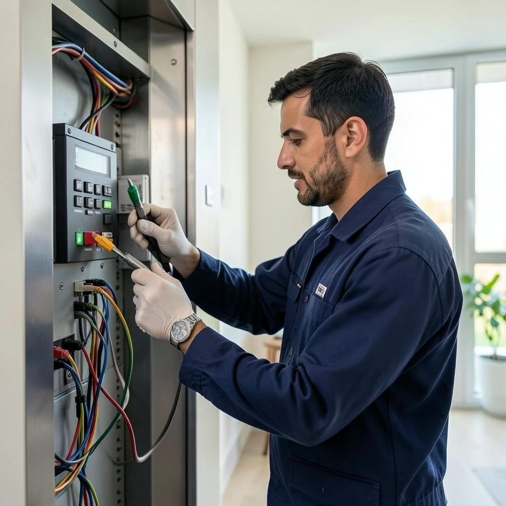Certified technician wiring the control panel of a home elevator