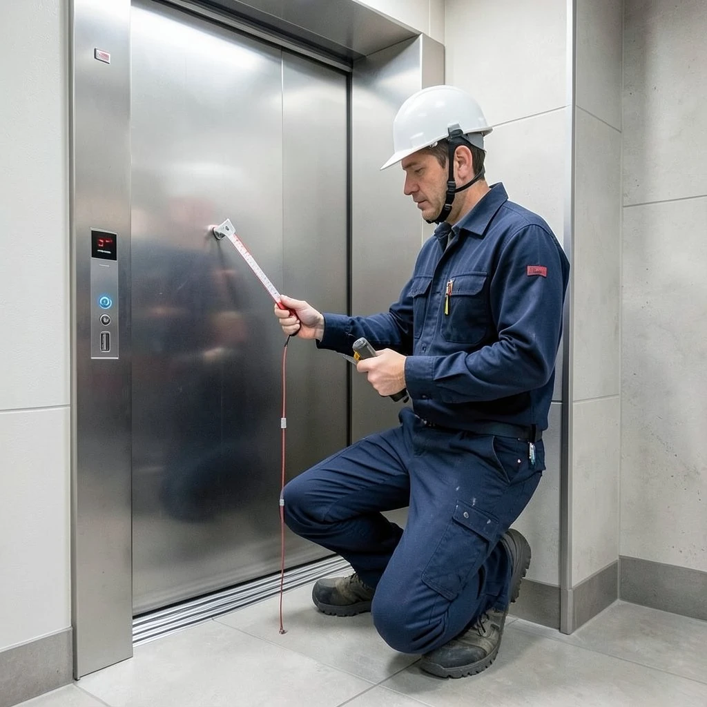 Service engineer checking a residential elevator door