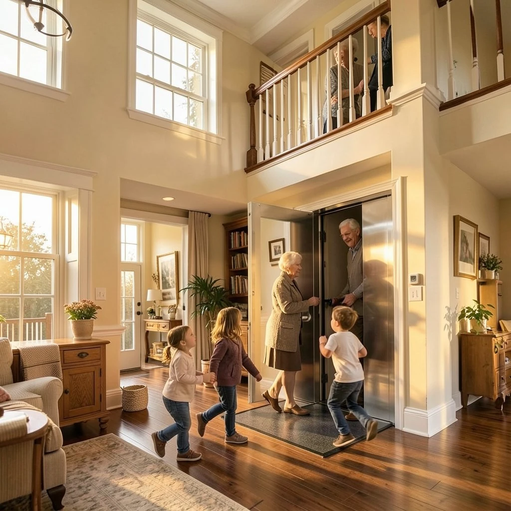 Family and friends relaxing together in a bright, accessible living room