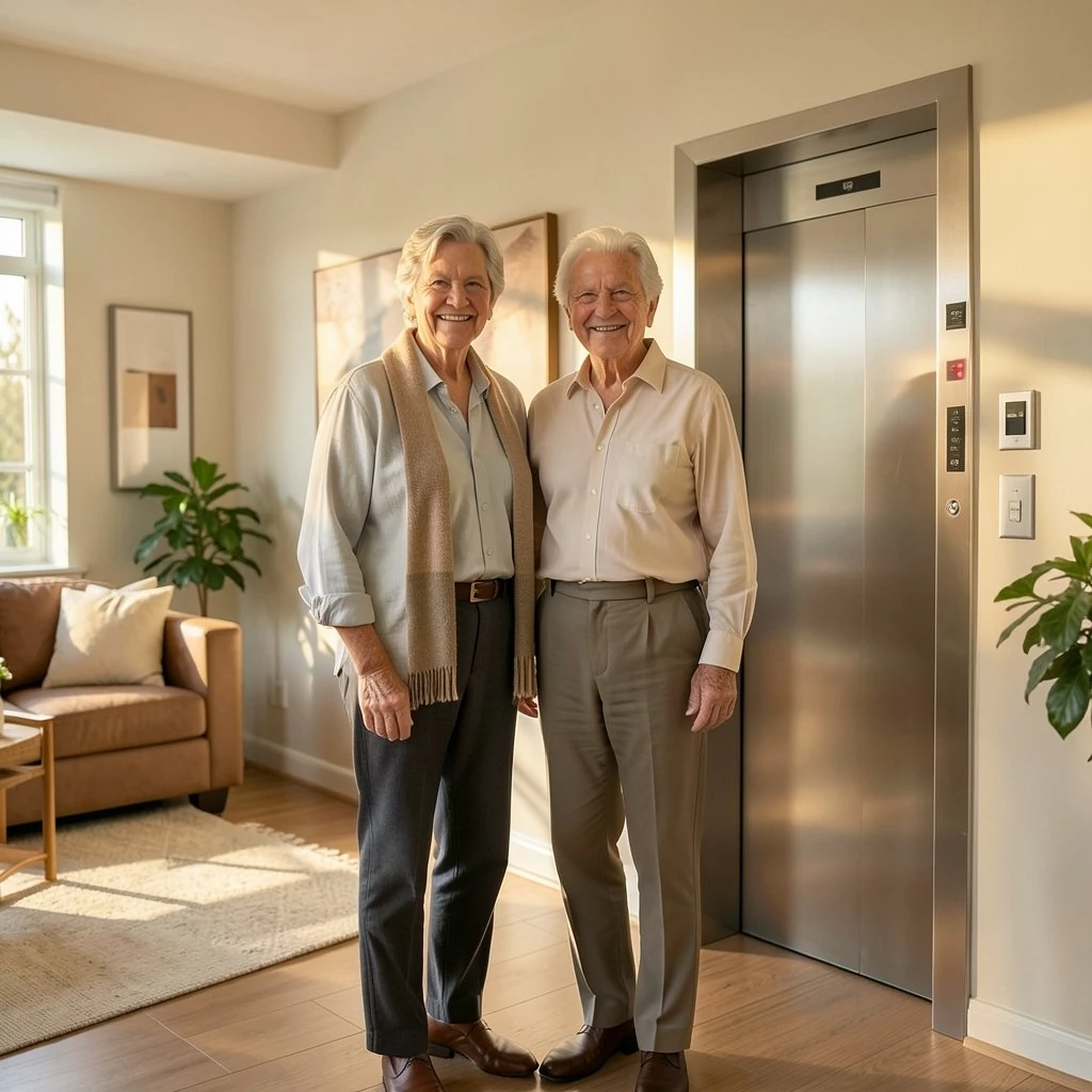 Smiling older couple standing beside their new home elevator