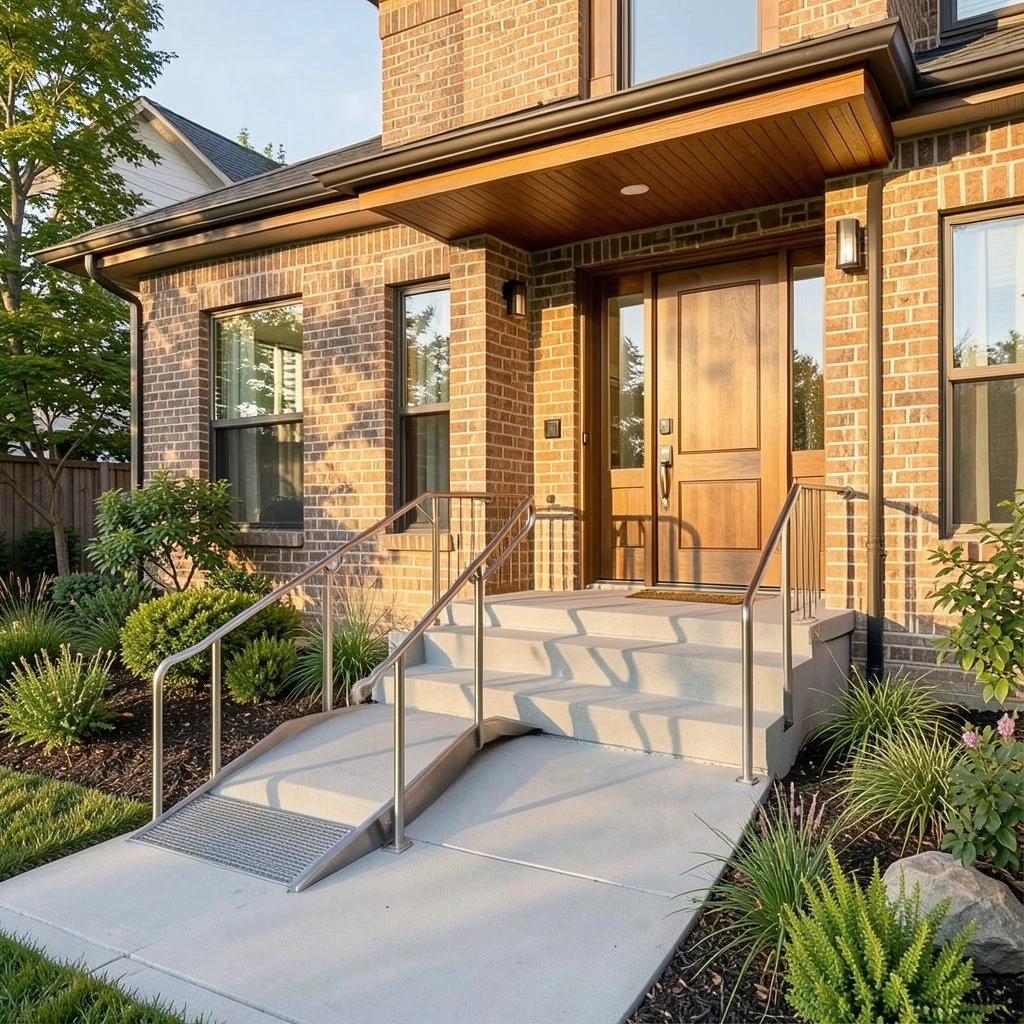 Step-free access ramp beside the steps of a brick home entrance