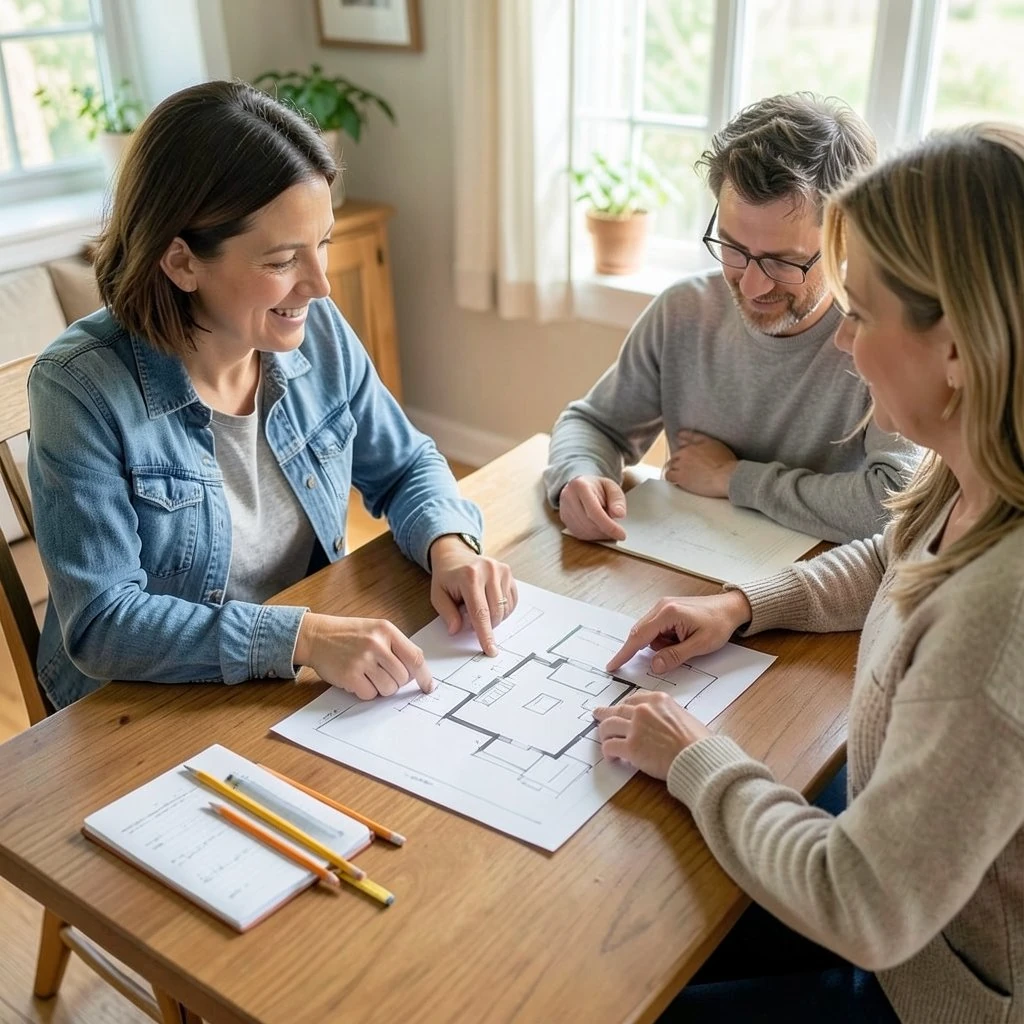 Specialist and a couple going through a floor plan of the home together
