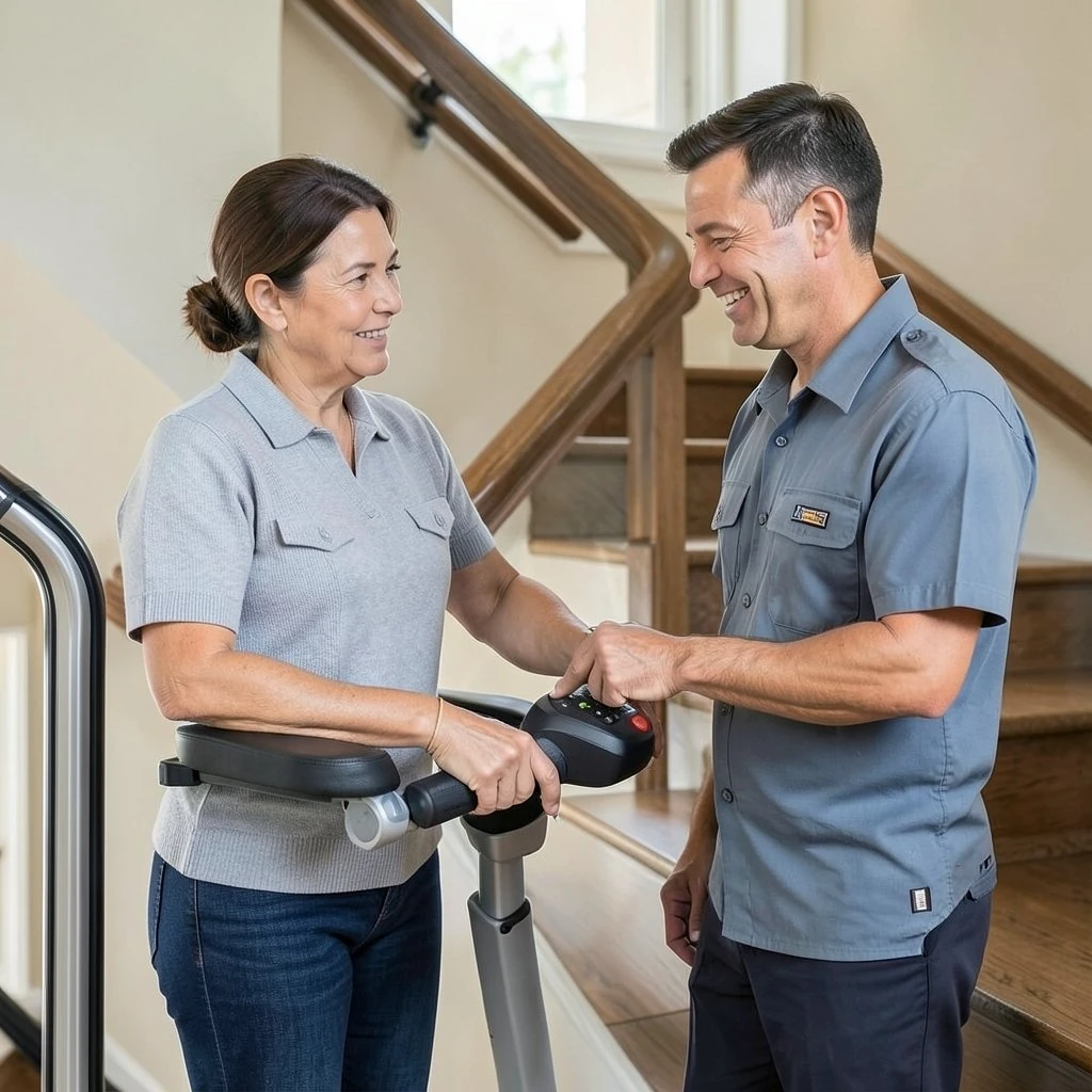 Installer showing a smiling homeowner how a stairlift works