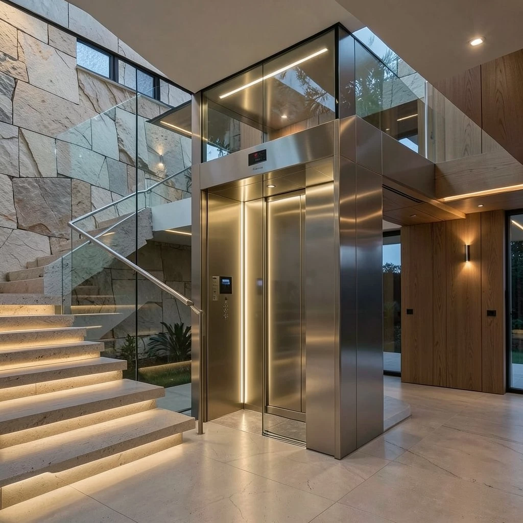 Modern glass home elevator beside a lit staircase