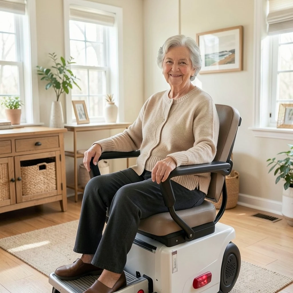 Smiling senior woman riding a stairlift up a bright staircase