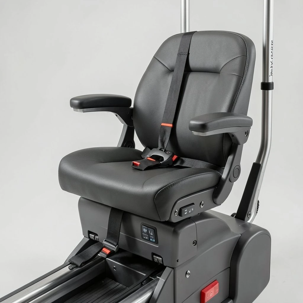 Stairlift seat with safety belt, armrest controls and battery housing