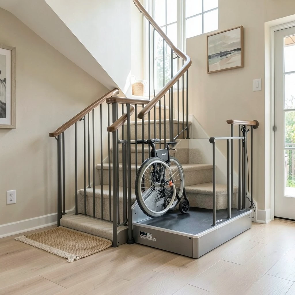 Platform lift carrying a wheelchair beside an indoor staircase